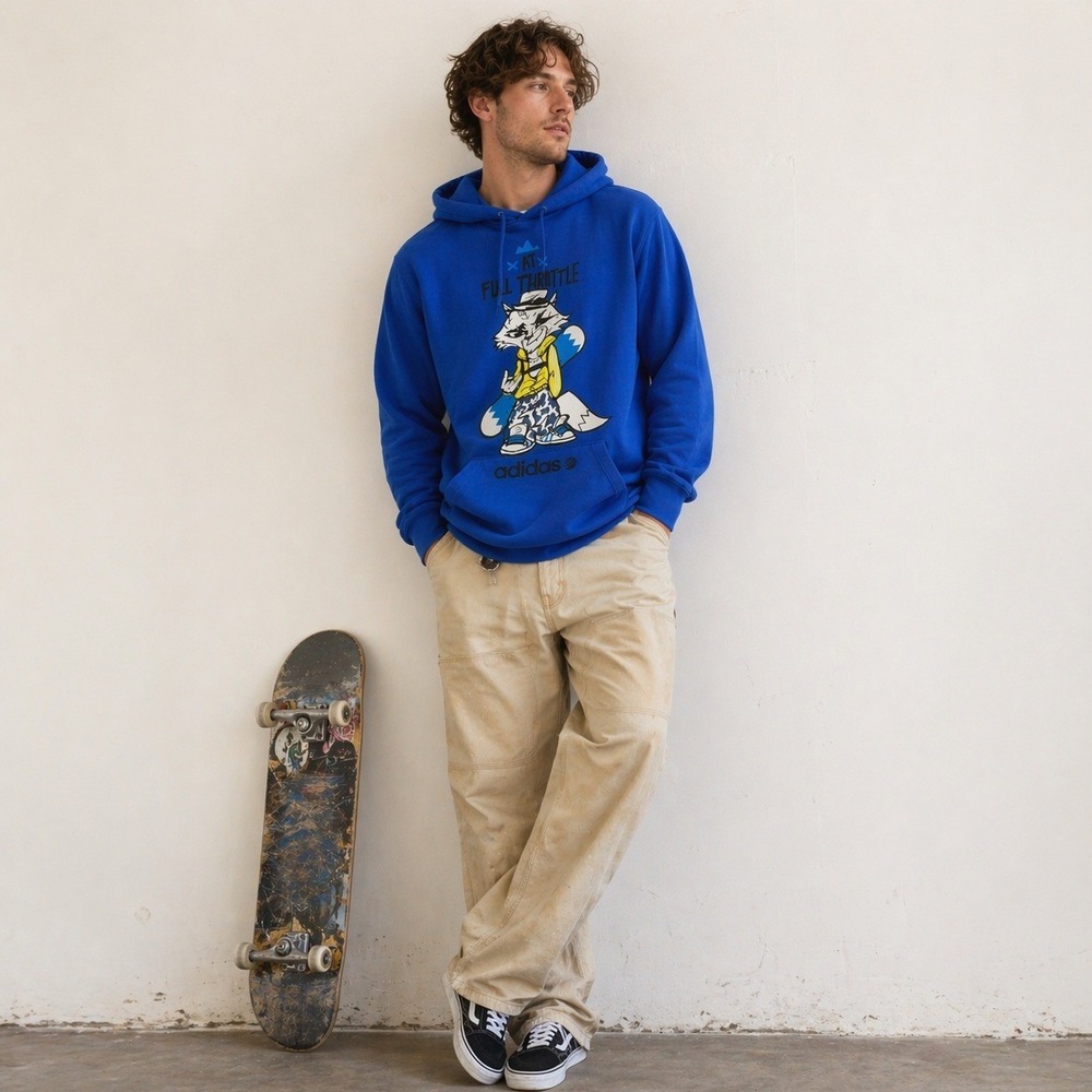 Adidas Neo Hoodie L Blue Graphic Y2K Skate Streetwear Full Throttle Pullover